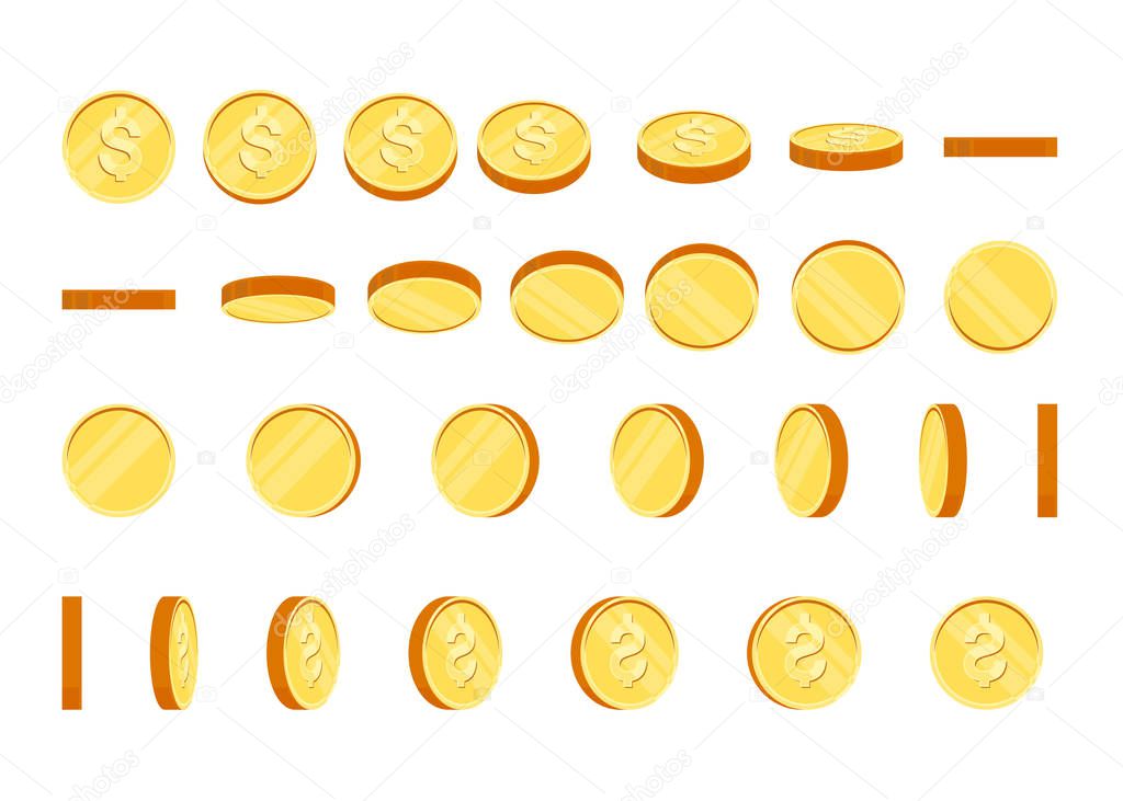 Coins set of vector sprites for rotation in different projections. Isolated gold coin set. For mobile, desktop and web applications and games. Digital currency