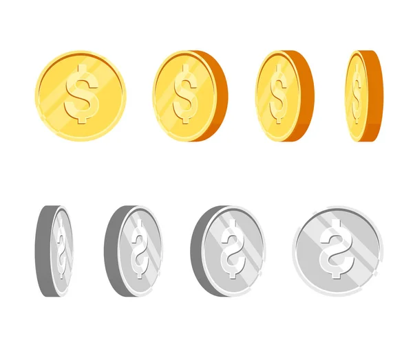 Plochý kreslený zlato a stříbro mince, sadu ikon v různých úhlech pro animaci. Moderní vektorové ilustrace. — Stockový vektor