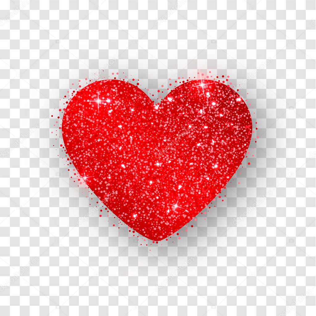 Red glitter Valentines day heart isolated transparent background. Vector illustration. Festive decorations bright glitter placer. Holiday love decor illustration.