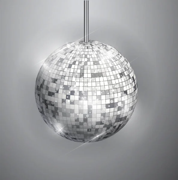 Disco bal geïsoleerd op grijstinten achtergrond. Night Club feest licht element. Heldere spiegel zilveren bal ontwerp voor disco dance club. — Stockvector