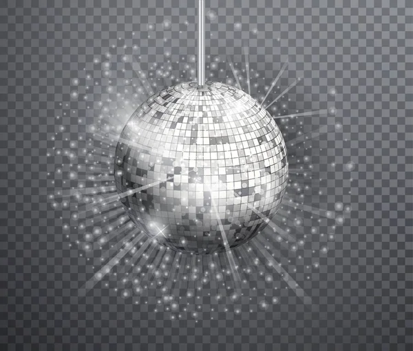 Plata disco bola vector, brillante símbolo del club de divertirse, bailar, mezcla dj, fiesta nostálgica, entretenimiento. Los rayos de luz se reflejan en la superficie del espejo . — Archivo Imágenes Vectoriales