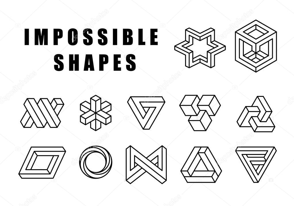Impossible shapes vector set. Optical illusion symbols vector set. Type of unreal geometry, reality trick, fascinating objects of geometry. Vector illustration