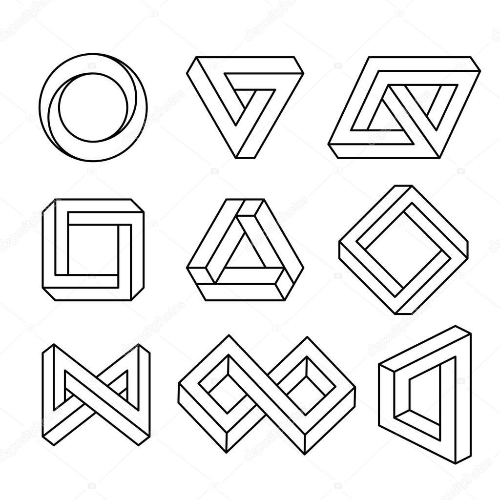 Impossible signs set outline. Linear infinite shapes. Impossible geometric figures. Optical illusion. Triangle, Infinity loop. Vector illustration