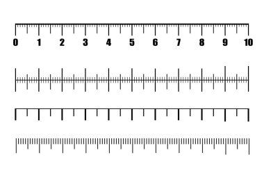 Metrik cetvellerin vektör kümesi düz biçimde. Cetvel ölçeği veya uzunluk ölçeği grafiği. 