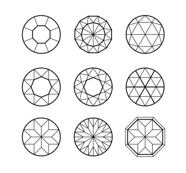 Çizgili izometrik altıgen mücevherler. Yakutlar, elmaslar, parlaklıklar, safir, oyun için doğrusal sakral geometri tarzında taşlar, simge veya şirket logonuz
