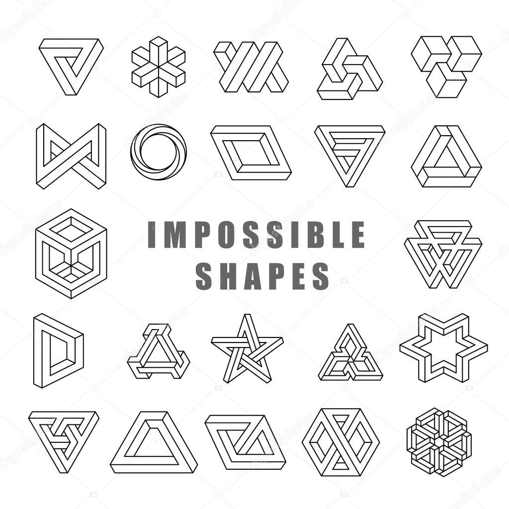 Impossible shapes vector set. Impossible line art collection. Type of optical illusion, reality trick, fascinating objects of geometry. Vector illustration.