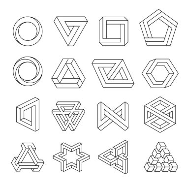 Impossible figures line art collection. Optical illusion, reality trick, fascinating objects of geometry. Vector illustration isolated on white background.