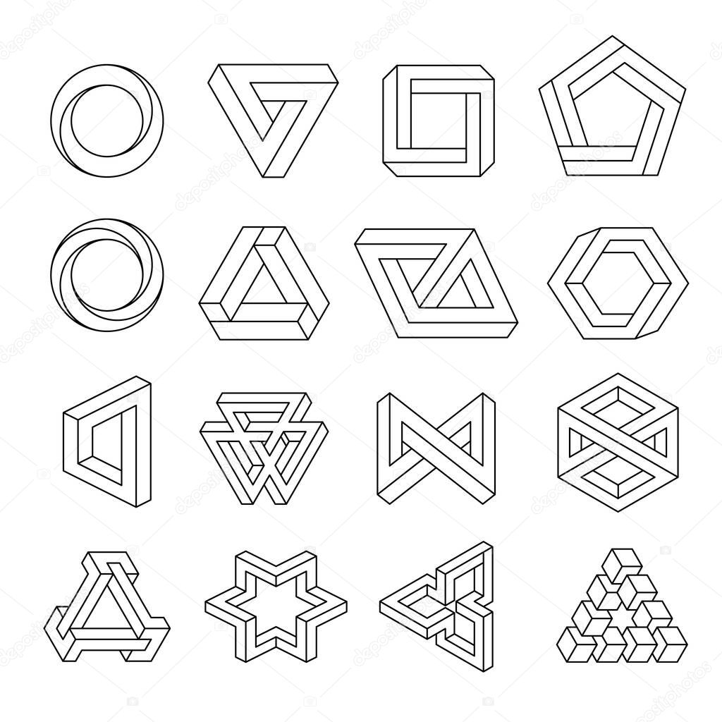 Impossible figures line art collection. Optical illusion, reality trick, fascinating objects of geometry. Vector illustration isolated on white background.