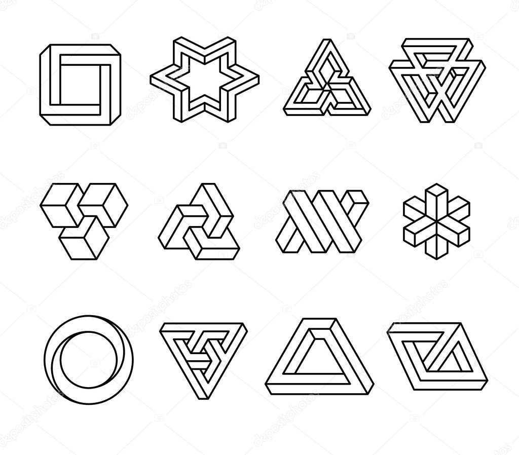 Impossible shapes, optical illusion objects. Vector illustration isolated on white background.
