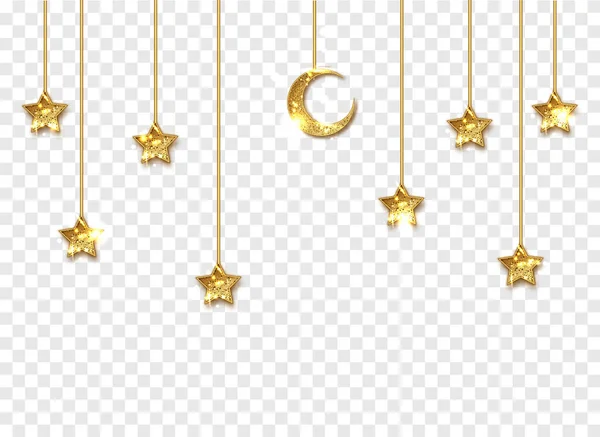 Ramadan gouden decoratie geïsoleerd op witte achtergrond. Crescent Islamic ophangen met sterren. Ramadan Kareem design element geïsoleerd. Vector frame voor feestposters, headers, banners — Stockvector