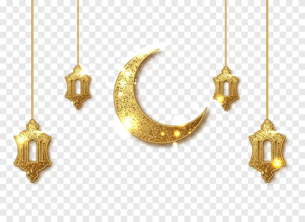 Ramadan Kareem dekorace izolované. Zlaté lesklé třpytky zářící srpek islámské s tradičními lucernami lampy. Vektorový rámec pro plakáty, záhlaví, bannery — Stockový vektor