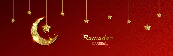 Ramadan Kareem uvítal prapor. Islámský symbol zlatý srpek a hvězda. Vektorová ilustrace. názorná ukázka. Eid Mubarak. — Stockový vektor