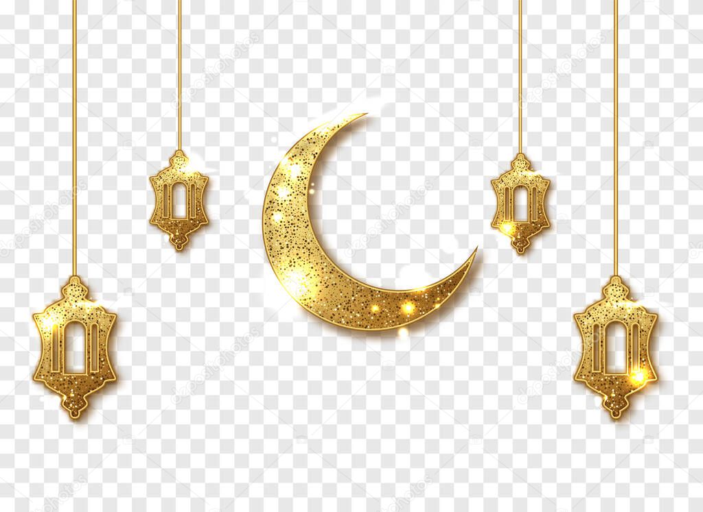 Ramadan Kareem decoration isolated. Gold shiny glitter glowing Crescent Islamic with Traditional Lanterns lamps. Vector frame for party posters, headers, banners