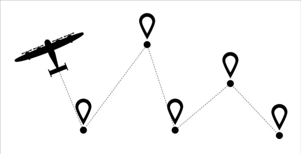 Airplane dotted route line. Flight tourism route path, plane flights itinerary starting pin to destination point or pathway map. — 스톡 벡터