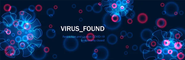 Bakgrund med realistiska 3D-virala celler. farosymbolen vektor illustration. Begreppet nytt coronavirus på en mörk bakgrund. — Stock vektor