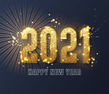 Yeni Yıl 2020 'niz kutlu olsun. Koyu arka planda parıltı, altın renkli metin tasarımı. Bayram posteri ya da afiş tasarımı. Tatil vektör illüstrasyonu.