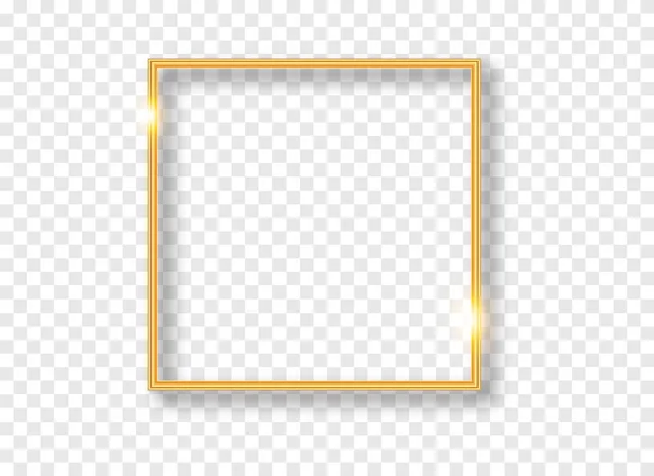 Gold shiny glowing frame with shadows isolated on transparent background. luxury realistic square border. Vector illustration. — Stock Vector