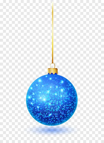 ブルーグリッタークリスマスボールがぶら下がっている。クリスマスの泡の装飾要素。透明効果のある背景を孤立させるオブジェクト. — ストックベクタ