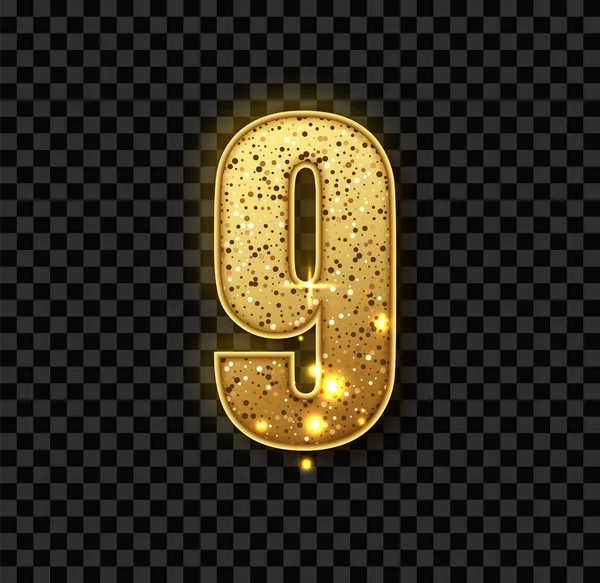 Golden Glitter numero nove. Vector realistick brillante numero 9 d'oro di scintille. Lusso Golden Glitter elegante design celebrazione per la decorazione di matrimonio carino, anniversario, festa, etichetta, titolo . — Vettoriale Stock