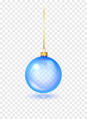 Şeffaf bir arkaplanda mavi Noel oyuncakları. Altın ipte sallanan Noel topu. Şablon parlak oyuncak. Vektör cam Xmas şablonu. Ayrı nesne