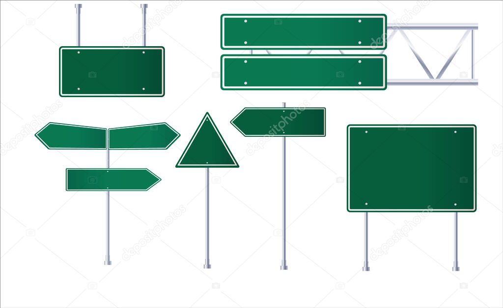 Set of green road signs isolated on white background, for brochure, flyer, cover book and other printing design.