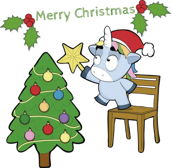 vector illustration of a cartoon unicorn, putting a star on a christmas tree