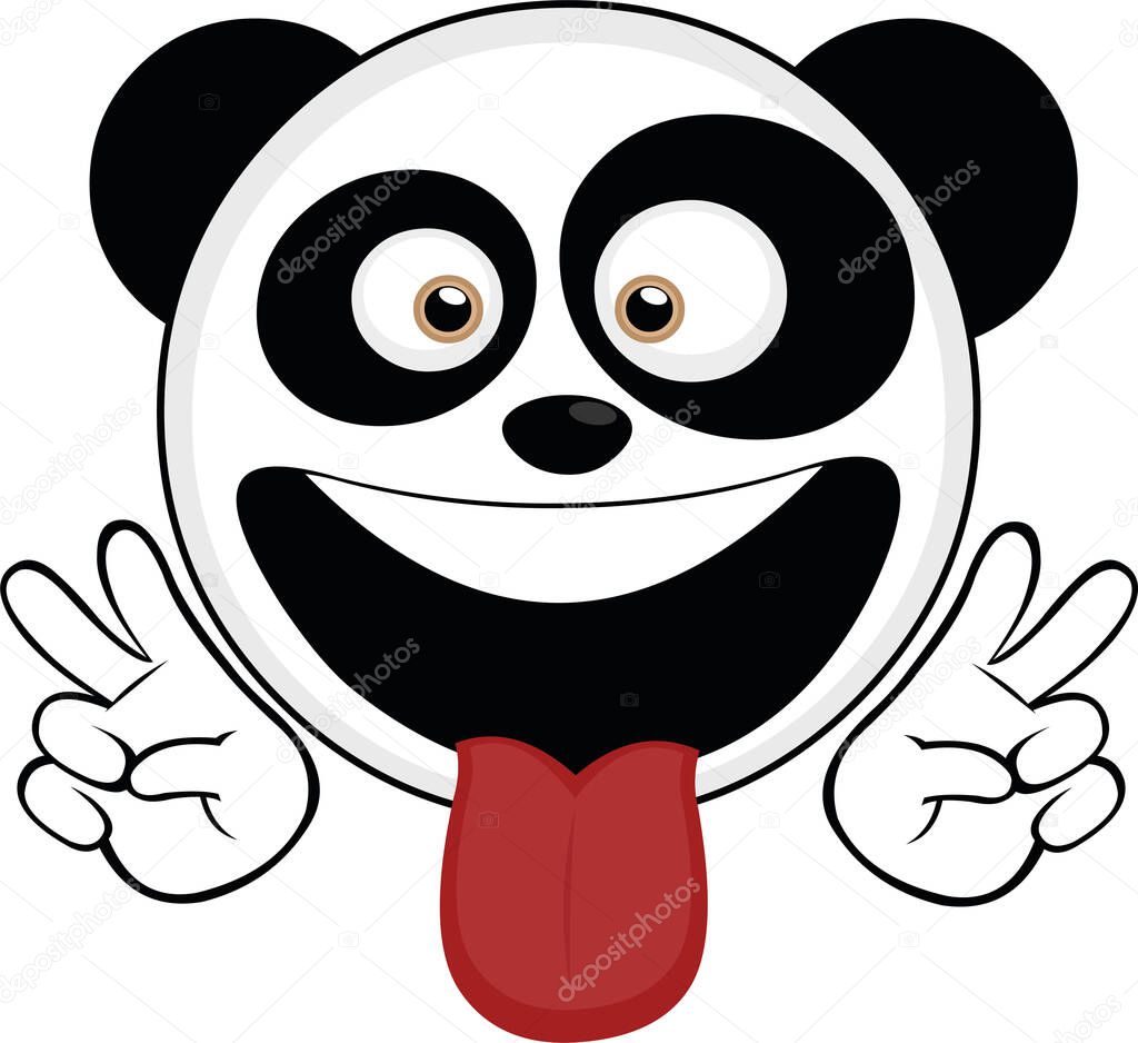Vector emoticon illustration of the face of a panda bear with his tongue out and making the symbol of love and peace with his hands