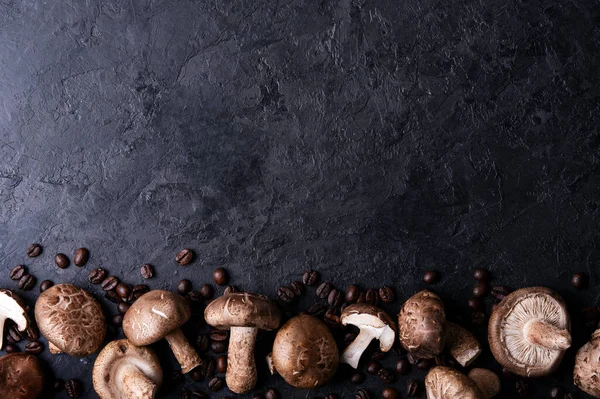 Shiitake mushrooms with coffee beans on a dark background. Top view. Coffee with mushrooms - superfood trend.