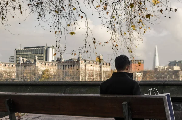 Homme Assis Sur Banc Observe Paysage — Photo