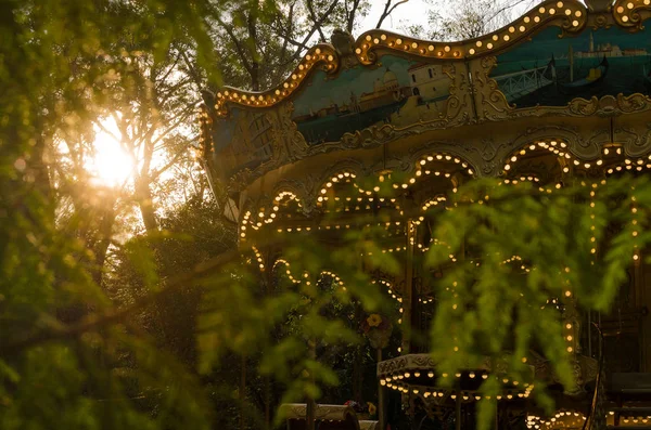 Carrousel Een Bos Bij Zonsondergang — Stockfoto