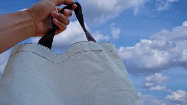 White Cotton Bag Background Blue Sky — Stock Photo, Image