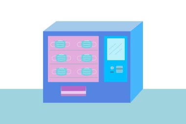 Cerrahi Maske Otomatı. Virüs koruması için bir fikir. Maskeyi almak kolay. Vektör düz biçimi.