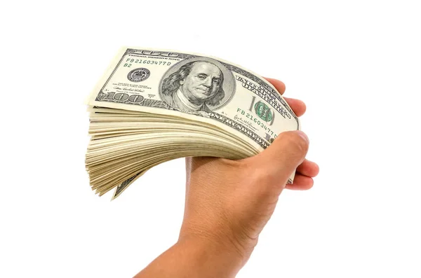 Δολάρια Στο Χέρι Που Απομονώνονται Λευκό Φόντο — Φωτογραφία Αρχείου
