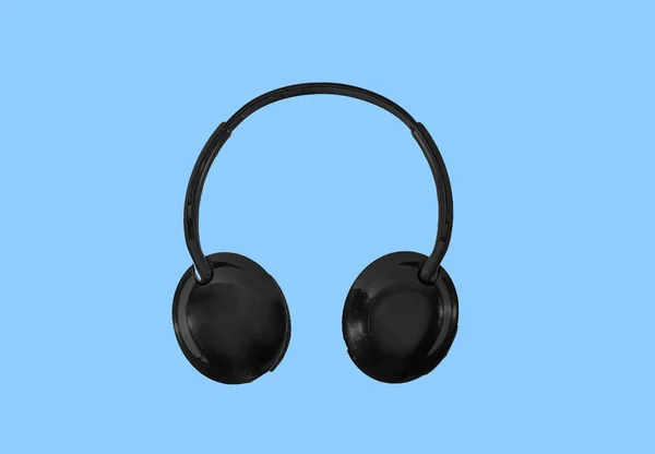 Schwarze Kopfhörer Auf Blauem Hintergrund Blick Von Oben — Stockfoto