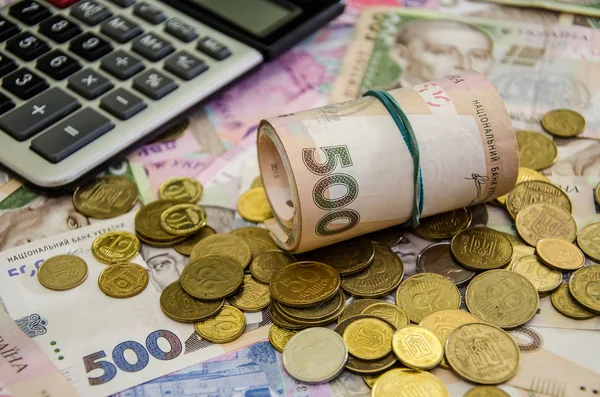 Ukrajinská Hřivna Kalkulačka Mince Pozadí Peněz Obchodní Koncept — Stock fotografie
