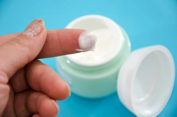 White Face Cream Finger Background Jar Cream — Stock Photo, Image