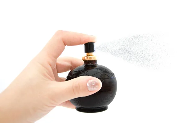 Woman Hand Clicking Bottle Perfume Isolated White — 스톡 사진
