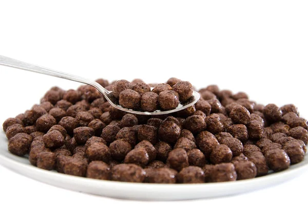 Chocolate Balls Spoon Balls Dry Breakfast White Background View — 스톡 사진