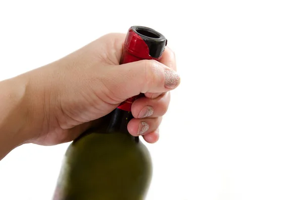 Parte Della Bottiglia Una Mano Femminile Sfondo Bianco Concetto Alcolismo — Foto Stock