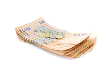 Beyaz arkaplanda hryvnia ve madeni paralar.