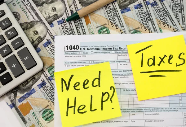 Налоговая Форма 1040 Калькулятором Долларами Ручкой Надпись Нужна Помощь — стоковое фото