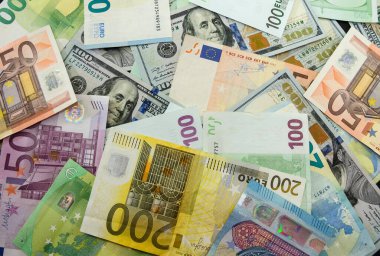 Dolar ve euro banknotları. Para geçmişi. İş konsepti. Arka plan için çok para..