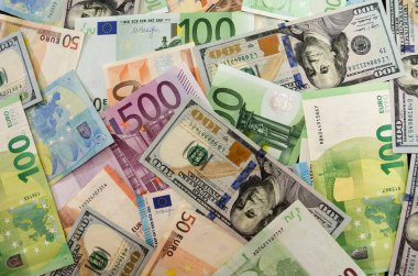 Dolar ve euro banknotları. Para geçmişi. İş konsepti. Arka plan için çok para..