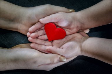 Yetişkin ve çocuk elleri kırmızı kalp, sağlık hizmeti, bağış ve aile sigortası konsepti, dünya kalp günü, dünya sağlık günü, CSR konsepti, evlat edinme bakımı. Görüntü renkli.