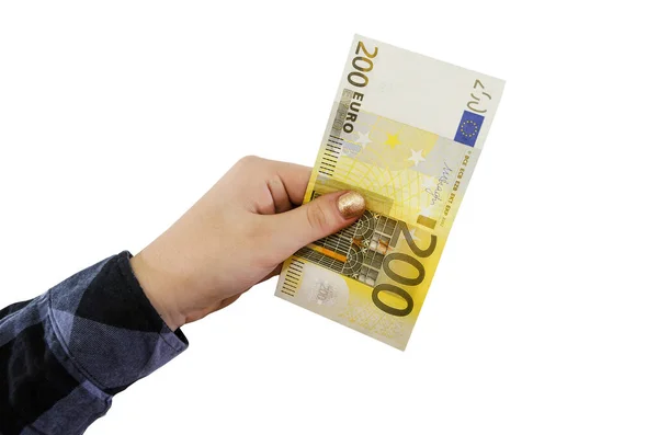 200 Euro Kvinnliga Händer Isolerad Vit Bakgrund — Stockfoto