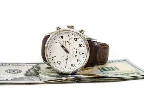 Men Wristwatch Dollars Isolated White Background Close — Stock Photo, Image