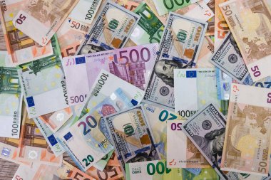 Avro ve dolarlarla donatılmış. Farklı dünya banknotları.