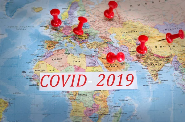 Countries marked on the map with pins. World coronavirus epidemic. 2019 nCov is a viral infection from Wuhan.