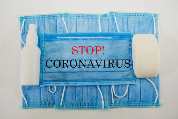 Prevención Infección Por Coronavirus Máscaras Quirúrgicas Jabón Desinfectante Manos Para —  Fotos de Stock