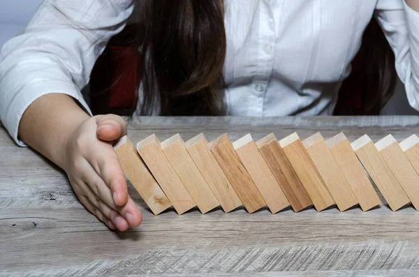 Woman Hand Stop Wooden Blocks Protect Other Wooden Block Concept — Stock Photo, Image